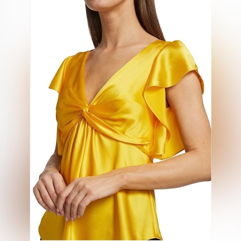 CINQ A SEPT Bright yellow satin‎ twist front flutter sleeve top size XS.